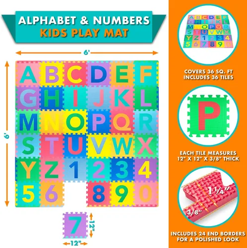 Vista 2 de Alfabeto, números, 36 baldosas y bordes Play Mat, 12 in por 12 in Prosource Kids Puzzle