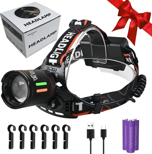 Vista 8 de Linterna frontal recargable 150000LM lámpara de cabeza brillante, 40H Cable Tipo-C linterna frontal ajustable para exteriores, 4 modos de luces