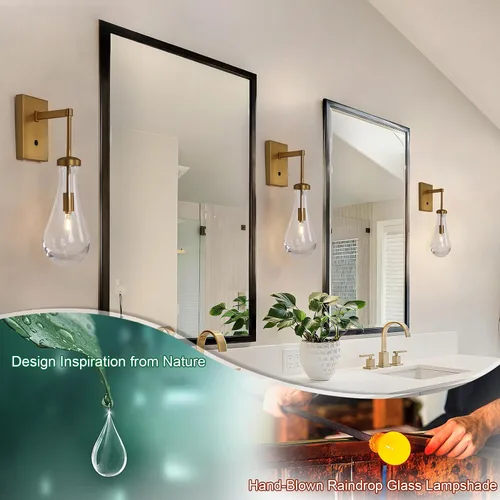 Vista 5 de HuisMier Apliques de Pared de Latón en Forma de Gota de Lluvia, Apliques de Pared Interiores con Interruptor de Encendido/Apagado, Lámpara de Pared