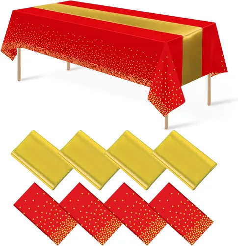 Vista 22 de 8 paquetes de manteles de plástico desechables y juego de camino de mesa de satén negro con dorado, mantel de satén dorado para graduación, boda