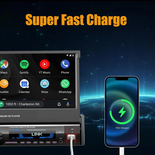 Vista 10 de [Actualización] Reproductor estéreo de coche de un solo DIN compatible con Apple Carplay y Android Auto - Pantalla táctil motorizada abatible de 7