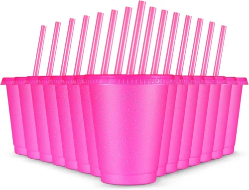 Vista 14 de Rtteri 15 vasos reutilizables con popotes y tapas, vasos de plástico con purpurina de 16 onzas, vasos de plástico para recuerdos de fiesta con Negro