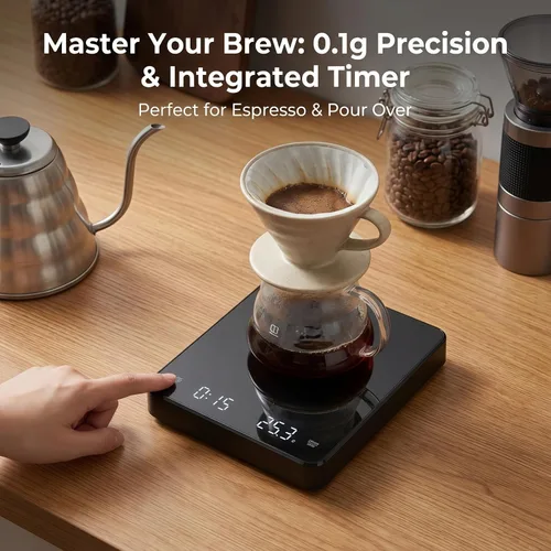 Vista 2 de Partyreal Báscula digital de café de cocina, báscula delgada con tara, unidades g/oz/ml, pantalla retroiluminada, recargable USB-C (cable incluido)