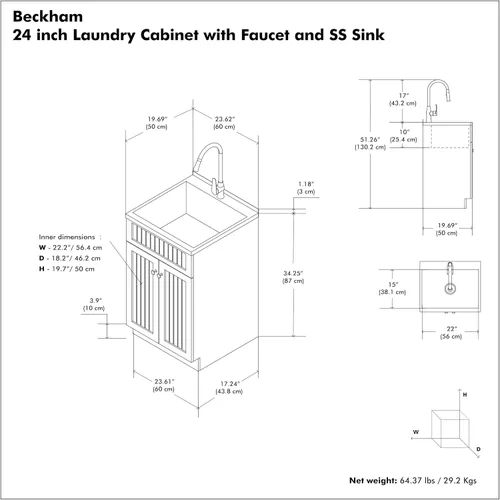 Vista 3 de SIMPLIHOME Beckham - Lavabo y armario de lavandería todo en uno de 24 pulgadas de ancho en acabado blanco puro, gabinete de fregadero de acero