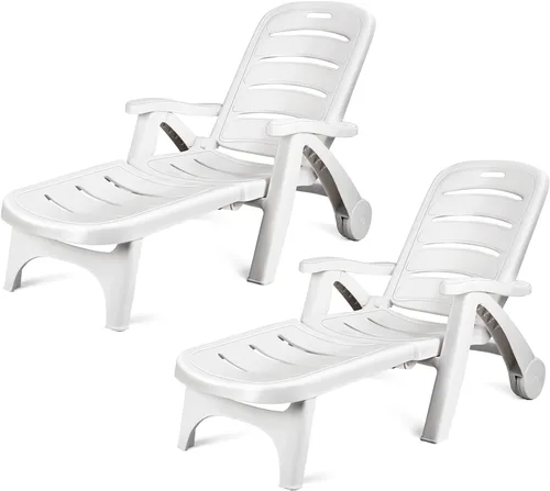 Vista 10 de Giantex Tumbona reclinable con ruedas para patio, tumbona plegable con reposabrazos, 5 posiciones ajustables para piscina, patio, jardín, tumbona