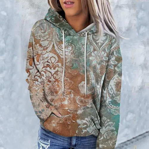 Vista 2 de Sudaderas con capucha gráficas para mujer, sudaderas de gran tamaño con cordón y bolsillo, ropa étnica de otoño e invierno