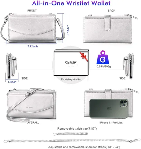 Vista 5 de nuoku Pulsera de viaje con doble cremallera cartera RFID para mujer con 2 correas