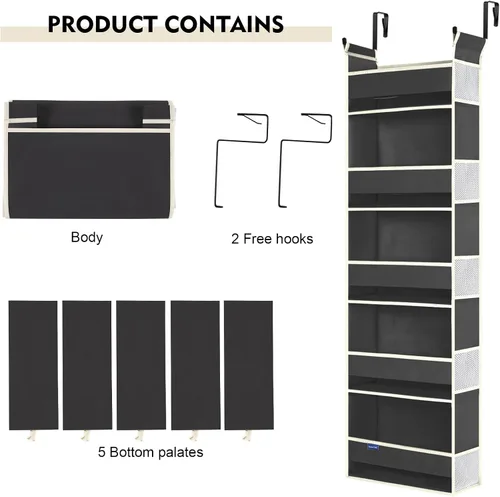 Vista 7 de Organizador para colgar sobre la puerta, 5 estantes y 10 bolsillos laterales, almacenamiento sobre la puerta para baño y dormitorio, organizadores