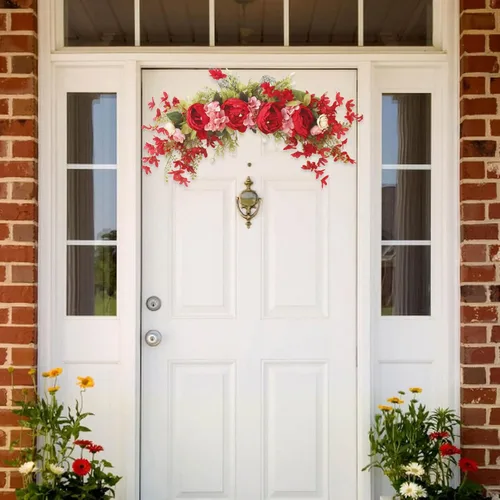 Vista 7 de Guirnalda de flores artificiales de peonía para puerta delantera, flores de arco de boda, 29.5 pulgadas con hortensia para dintel, boda, arco Naranja