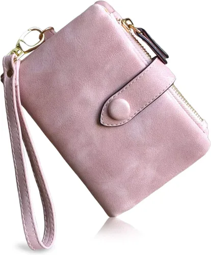 Vista 11 de PofeeXIO Cartera de cuero pequeña para mujer Bifold RFID con muñequera para damas, ranura para tarjetas, ventana para identificación, monedero