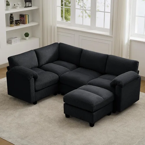 Vista 15 de Sofá modular de 61 pulgadas con otomana, asiento extra profundo para sala de estar, sofá de asiento profundo de pana con almohadas para Beige
