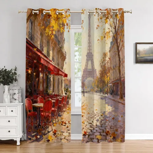 Vista 56 de Cortinas opacas de cocina con pintura al óleo de Europa rosa y negra para ventanas, cenefas opacas modernas de torre Eiffel de poliéster multicapa