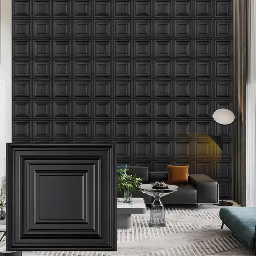 Vista 24 de Heikki Paquete de 30 paneles de pared 3D para decoración de pared interior, paneles de pared con textura de flores de PVC para sala de estar Negro-YJ