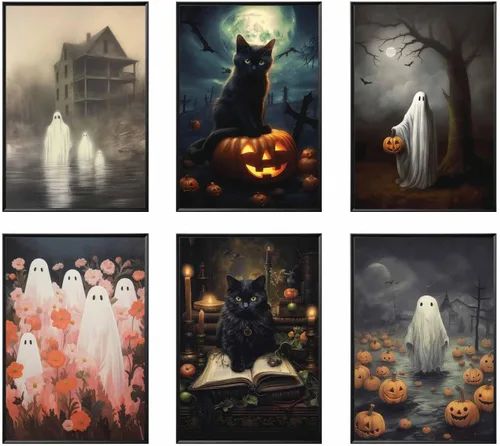 Vista 7 de Dizfen 6 piezas de lienzo divertido de fantasma, arte de pared, póster vintage de Halloween, lindo fantasma, pintura de fantasma, imágenes