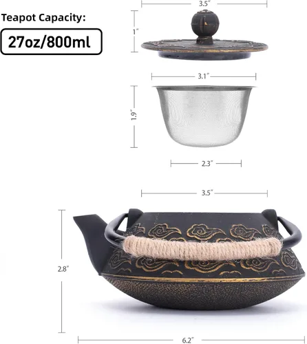 Vista 5 de Tetera de hierro fundido, tetera japonesa con infusor para hojas sueltas, tetera para estufa de té, cubierta segura con interior esmaltado