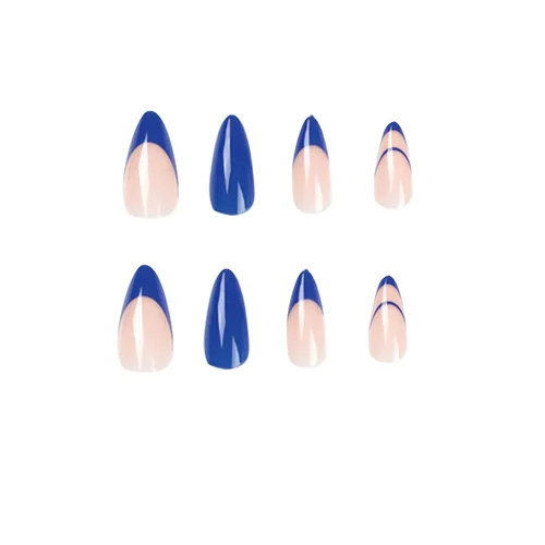 Vista 2 de BABALAL Uñas postizas a presión de almendra, uñas postizas de longitud media, uñas acrílicas brillantes, color azul, francesas, con pegamento, 24
