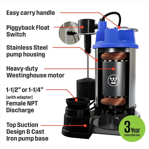 Vista 3 de Westinghouse Bomba sumergible de sumidero 1/2 HP – Bomba de sumidero de sótano de hierro fundido resistente y acero inoxidable con interruptor