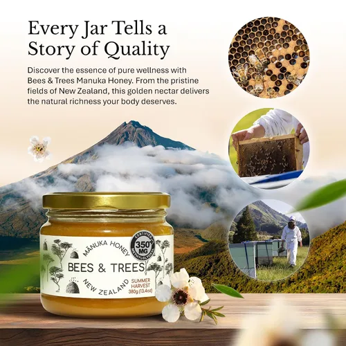 Vista 2 de Bees & Trees 350+ MG 100% miel de Manuka de Nueva Zelanda cruda, tarro de vidrio de 13.40 oz