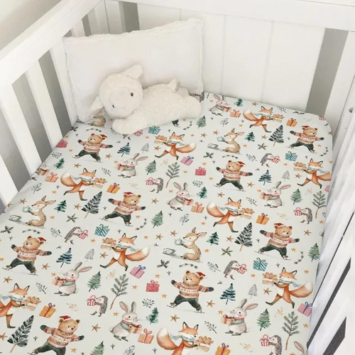 Vista 11 de Sábana bajera ajustable para cuna de bebé, diseño de animales del bosque, 52 x 28 pulgadas, diseño de animales de Navidad, oso, zorro, búho, hojas