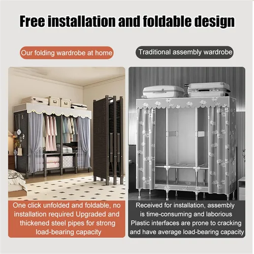 Vista 5 de Heavy Duty Portable Wardrobe Closet,Foldable Clothes Hanger With Cover, Portable Metal Wardrobe Closets,Metal Clothing Rack Cotton Cover, Garment