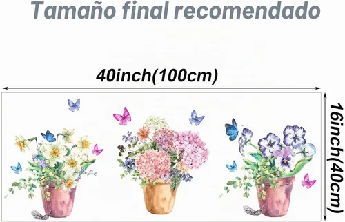 Vista 7 de Maydahui Calcomanías de pared para macetas de mariposas, calcomanías de bonsái florales en acuarela
