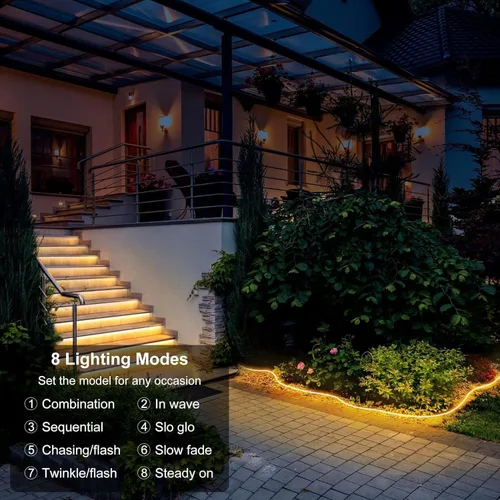 Vista 4 de Tira de luces solares de 50 pies para exteriores, tira de luz LED impermeable, encendido/apagado automático, tira de luces recargables de 8 modos