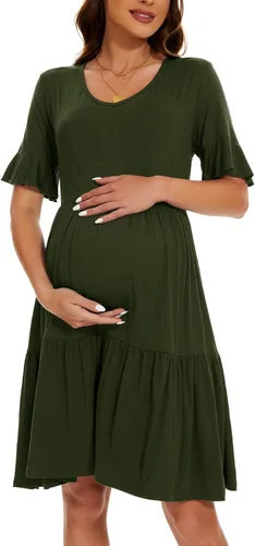 Vista 2 de Smallshow Vestido de maternidad para mujer, con volantes, manga corta, ropa de embarazo de verano