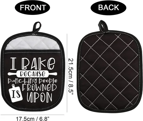 Vista 2 de ZJXHPO Almohadillas para horno de regalo para hornear, soporte para ollas I Bake Because Punching People is Frowned Upon Hot Pads (Frunción sobre)