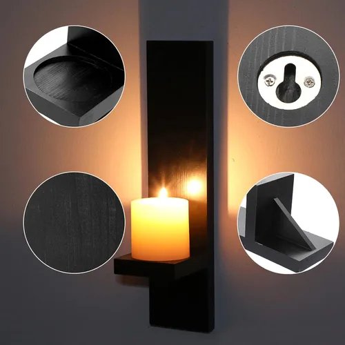 Vista 4 de OwnMy 2 apliques de vela de pared de madera, candelabros rústicos de Negro