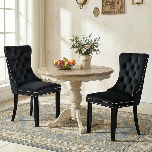 Vista 113 de SoarFlash Juego de 2 sillas de comedor de terciopelo, silla lateral de respaldo alto, silla lateral moderna tapizada de alta gama con botones Beige