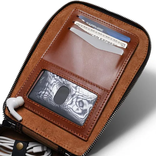 Vista 3 de PEGAI Bolsa organizadora de cuero de viaje y tecnología bolso de mano para hombre bolso organizador de pulsera marrón antiguo