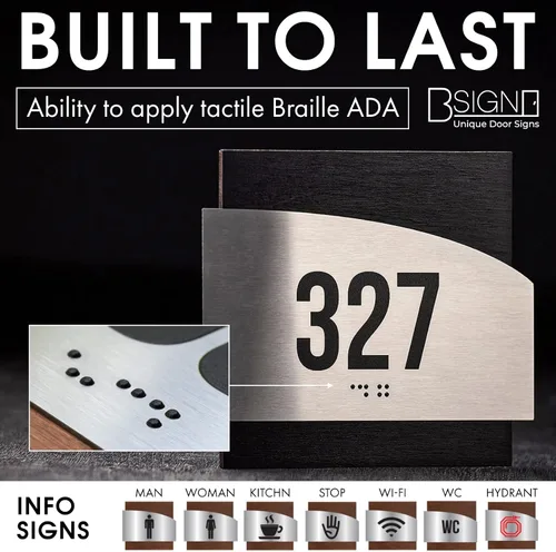 Vista 3 de Bsign Números de puerta de apartamento, letrero de número de habitación con Braille que cumple con ADA - Letrero de puerta de acero y madera