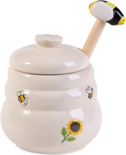 Vista 6 de Tarro de Miel Cerámico con Cuchara de Miel de Madera - Tarro de Miel con Cuchara - Tarro de Miel con Soporte, Gran Decoración de Abeja - Decoración