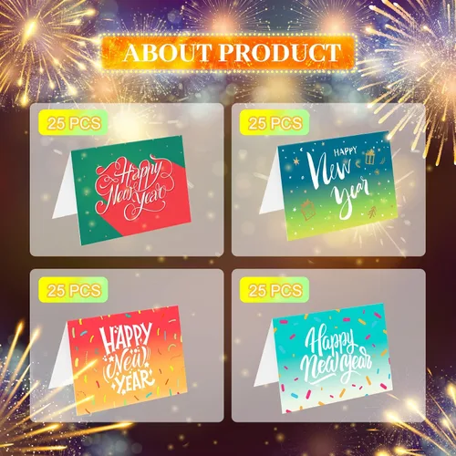 Vista 3 de Yexiya Juego de 100 tarjetas de feliz año nuevo a granel 2026 con sobres y calcomanías, tarjetas de felicitación de Año Nuevo, surtido de felices