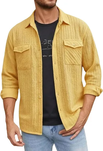Vista 27 de Camisas con botones para hombre, casual, de manga larga, con cuello jacquard, texturizada, ligera, sobrecamisa, sobrecamisa