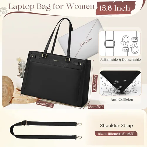 Vista 5 de Bolso para laptop RAINSMORE para mujer de 15.6 pulgadas, bolsa de mano y hombro fabricada en cuero vegano PU, impermeable, maletín de diseñador