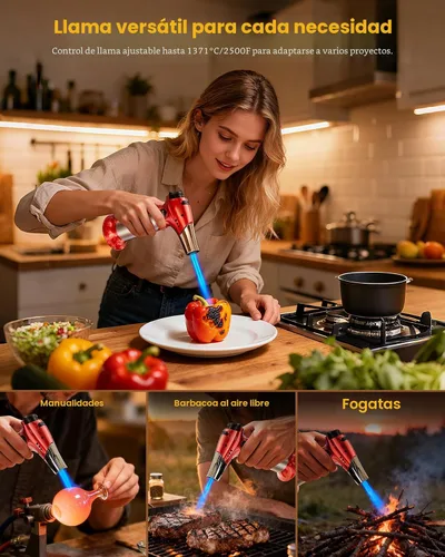 Vista 4 de Kollea - Soplete para Creme Brulee, soplete recargable de butano, soplete de cocina con bloqueo de seguridad y llama ajustable para hornear, Rojo
