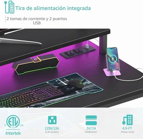 Vista 6 de Lufeiya Escritorio pequeño con tomas de corriente y luces LED, mesa de estudio de escritura para adolescentes de 32 pulgadas, escritorio para Negro