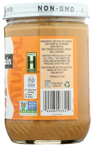 Vista 7 de Once Again Manteca de anacardo cremosa natural, 16 onzas, sin azúcar, sin maní, sin gluten, certificado vegano, kosher, tarro de cristal