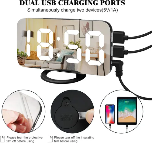 Vista 5 de Reloj despertador digital Lamisola, gran pantalla LED con espejo, 2 puertos de carga USB, brillo ajustable automáticamente, relojes modernos