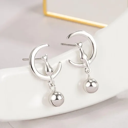 Vista 8 de Aretes de plata de ley 925 con forma de campana de gato y luna para mujeres adolescentes 5 estilos no alérgicos regalo de joyería fina