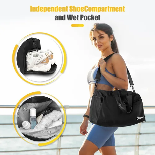Vista 3 de Gryme Bolsa de gimnasio pequeña de 15 pulgadas con compartimento para zapatos y bolsillo húmedo, mini bolsa de lona para hombres y mujeres, pequeña
