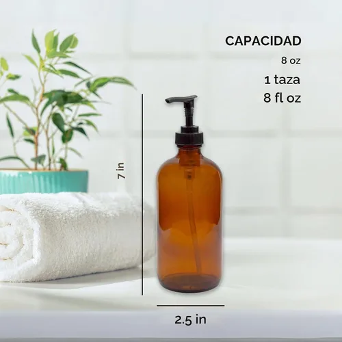 Vista 6 de Cornucopia Brands Botellas de bomba de vidrio de 8 onzas (paquete de 4, marrón ámbar) dispensadores de jabón con bombas de plástico negro