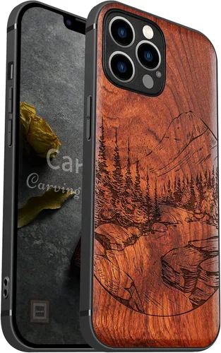 Vista 11 de Carveit Funda magnética de madera para iPhone 12 Pro [madera natural y TPU suave negro] a prueba de golpes, funda protectora de madera única