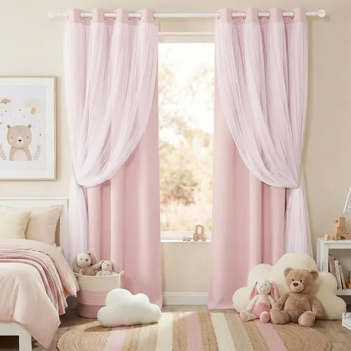 Vista 10 de PONY DANCE Cortinas de Doble Capa - Cortinas Opacas de 63 Pulgadas de Largo, Diseño con Ojales en la Parte Superior, Paneles Transparentes Blancos