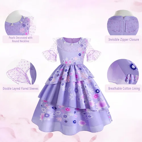 Vista 3 de Foierp Vestido de disfraz de Mirabel para niñas, disfraz de Isabella, cosplay, princesa, Halloween, fiesta, ropa con accesorios