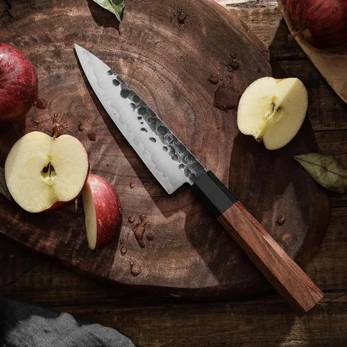 Vista 6 de Sunnecko Cuchillo de cocina afilado, cuchillo de pelar de 5.5 pulgadas de acero de carbono para frutas, cuchillo de 3 capas 9CR18MOV, mango