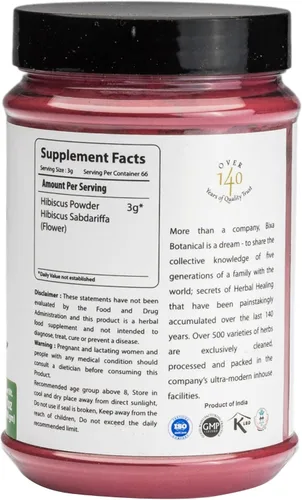 Vista 2 de bixa BOTANICAL Hibiscus Powder (Hibiscus Rosa Sinensis) Suplemento herbario natural ayurvédico Refrigerante natural y refrigerante Tratado al