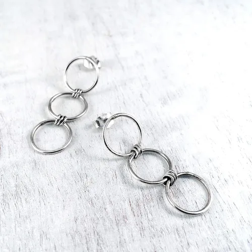 Vista 5 de Handmade Sterling Silver 925 Triple Open Circle Link Dangle Stud Post Earrings, Light Weight Three Ring Geometric Design, Polished finish