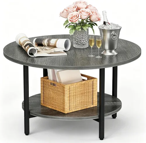 Vista 20 de Mesa de Café FAMIDGE, Mesas de Café de 23.6" para Sala de Estar, Mesa de Café Redonda con Marco de Metal, Mesa de Piso para Sentarse en el Suelo
